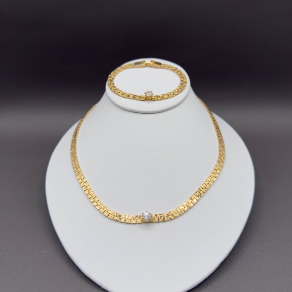 Vintage Gold Tone Textured Nugget Link Necklace Bracelet Set Crystal Accent - Picture 6 of 12